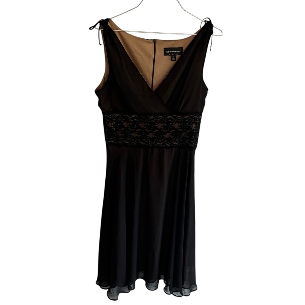 90s Nude Fit & Flare Dress Black Chiffon Overlay Lace Waist  Size 10 Flowy y2k
